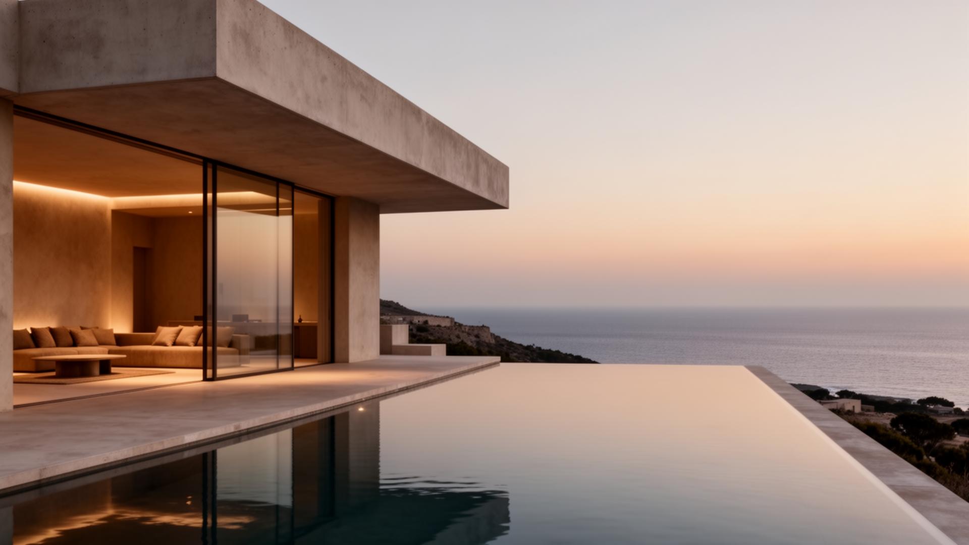 Coastal modernist residence at dusk